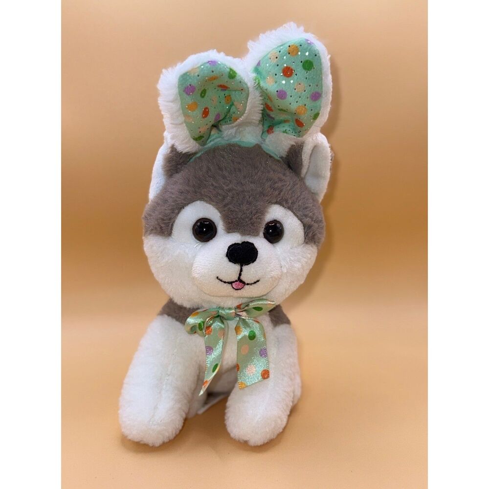 Cute Husky Dog Plush Toy Easter Bunny Ears Bow Tie Stuffed Animal Collectible